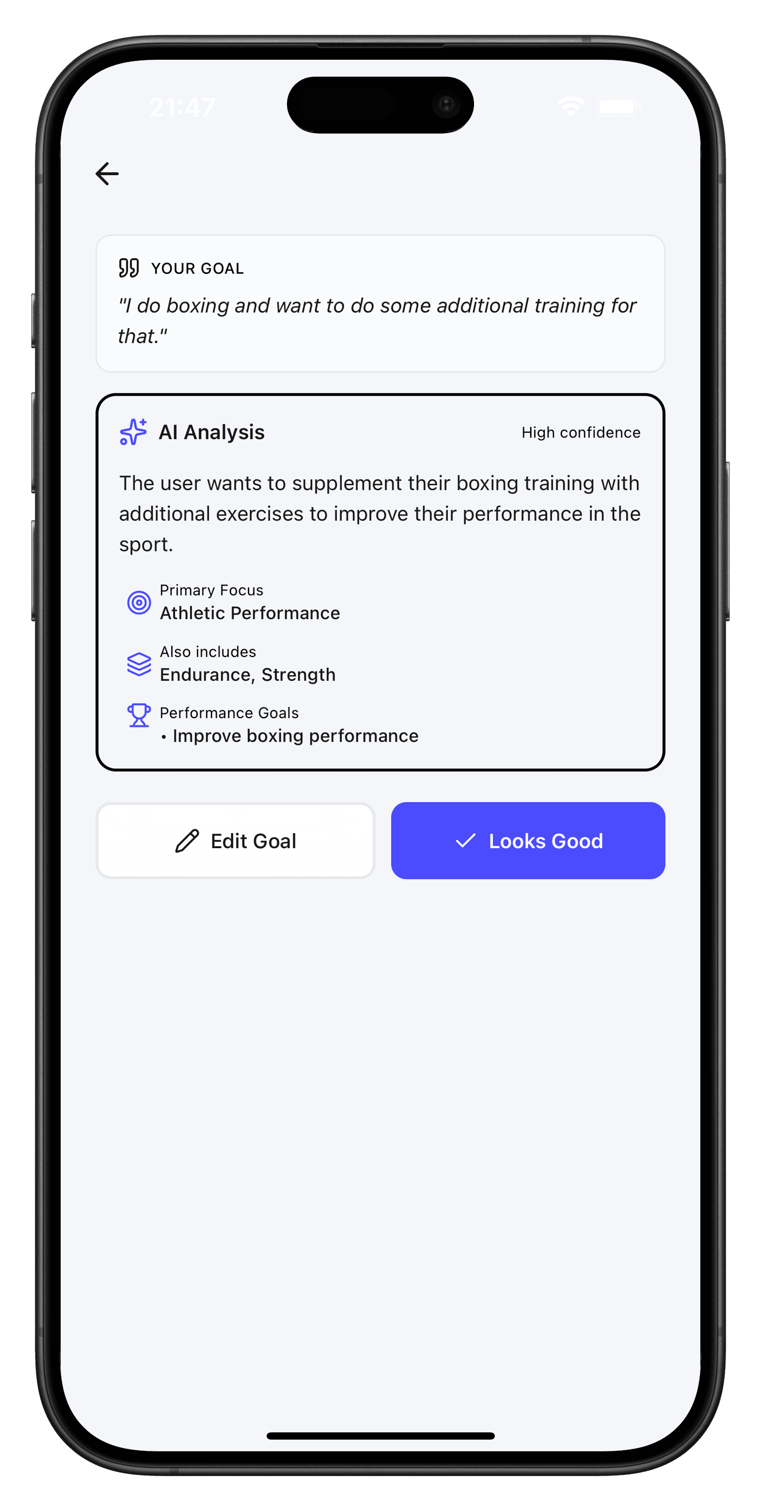 Goal analysis screen showing AI interpretation of user goals