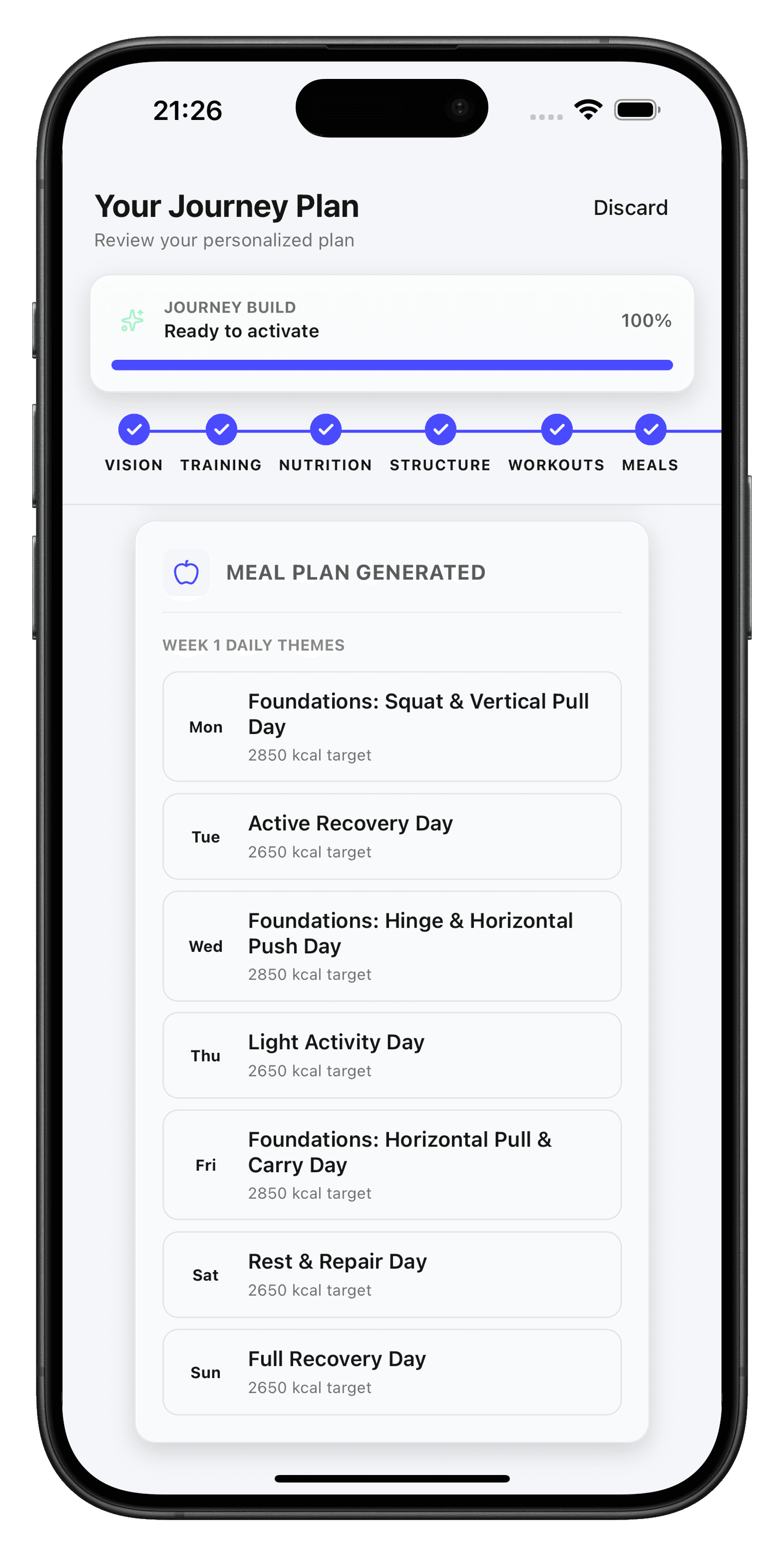 Weekly plan screen showing generated schedule
